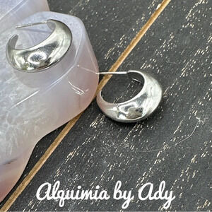 Chunky Silver steel statement open hoops huggie style earrings/minimalist